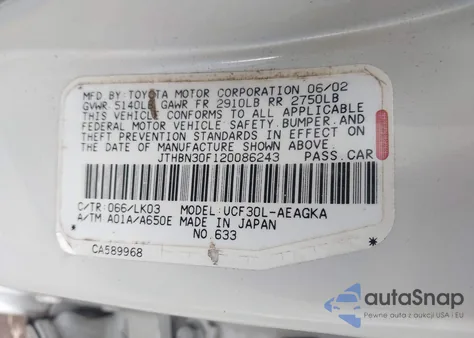 2002 Lexus Ls 430 from USA, damaged, VIN JTHBN30F120086243